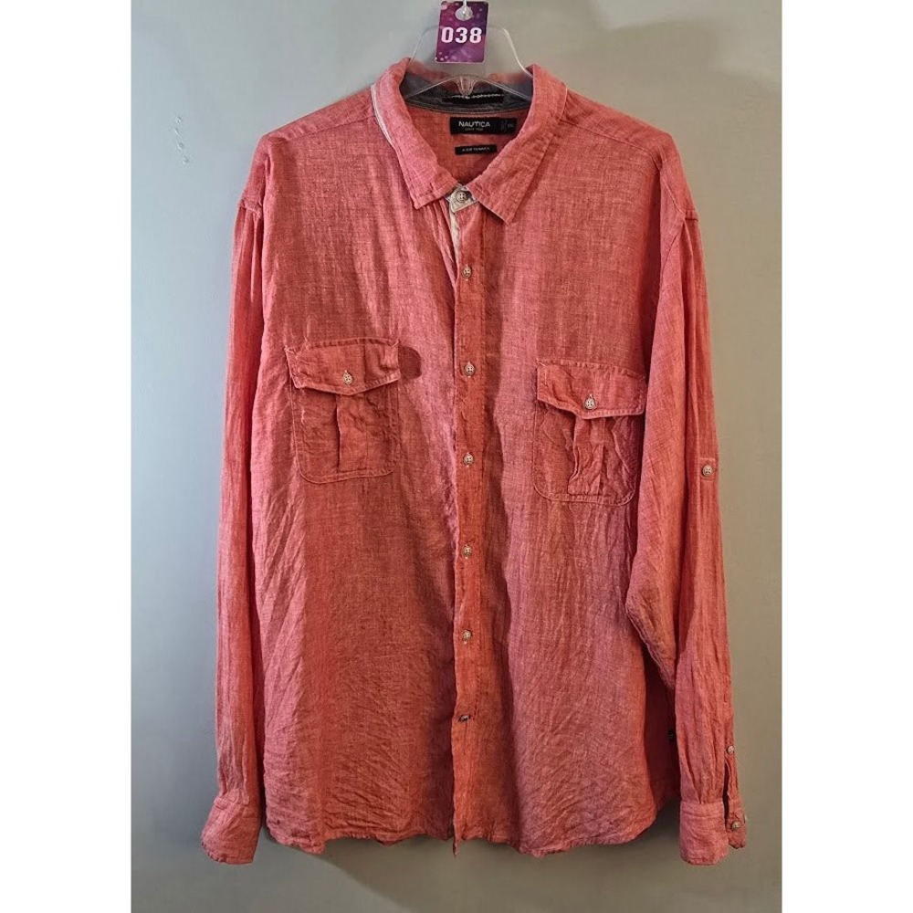 Nautica Mens Button Up Shirt Red 100% Linen Casual A Bit Trimmer Plus size XXL
